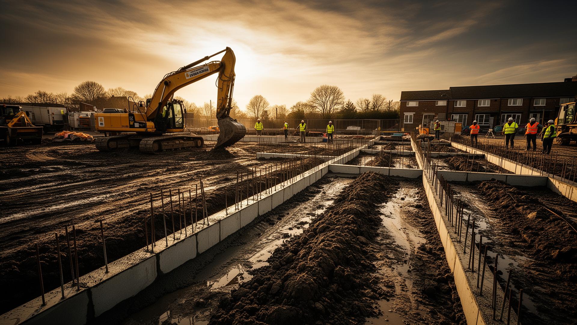 Groundworks site at sunset with excavator and freshly poured concrete strip footings